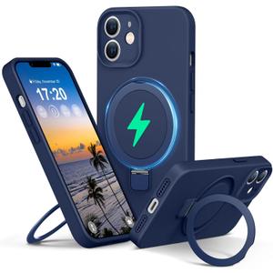 PuyaTeya Liquid Silicone Case for iPhone 12 with Magnetic Ring Stand, Upgraded Camera Lens Protection, Mil-Grade Drop Shockproof, Soft Anti-Scratch Microfiber Lining Silicone Case (Navy Blue)