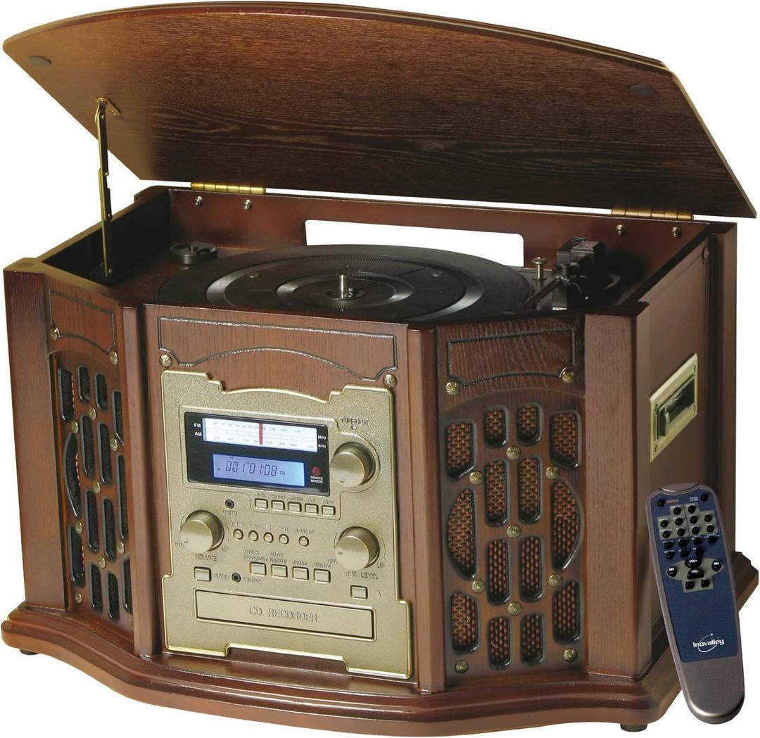 Inovalley- Paris (Retro 11) Nostalgic 5-IN-1 Music Centre System with CD burner recorder - Vinyl records to CD, Cassette to CD, Radio to CD (Record onto a blank CD) - CD Player - Radio - Turntable inc Remote Control 