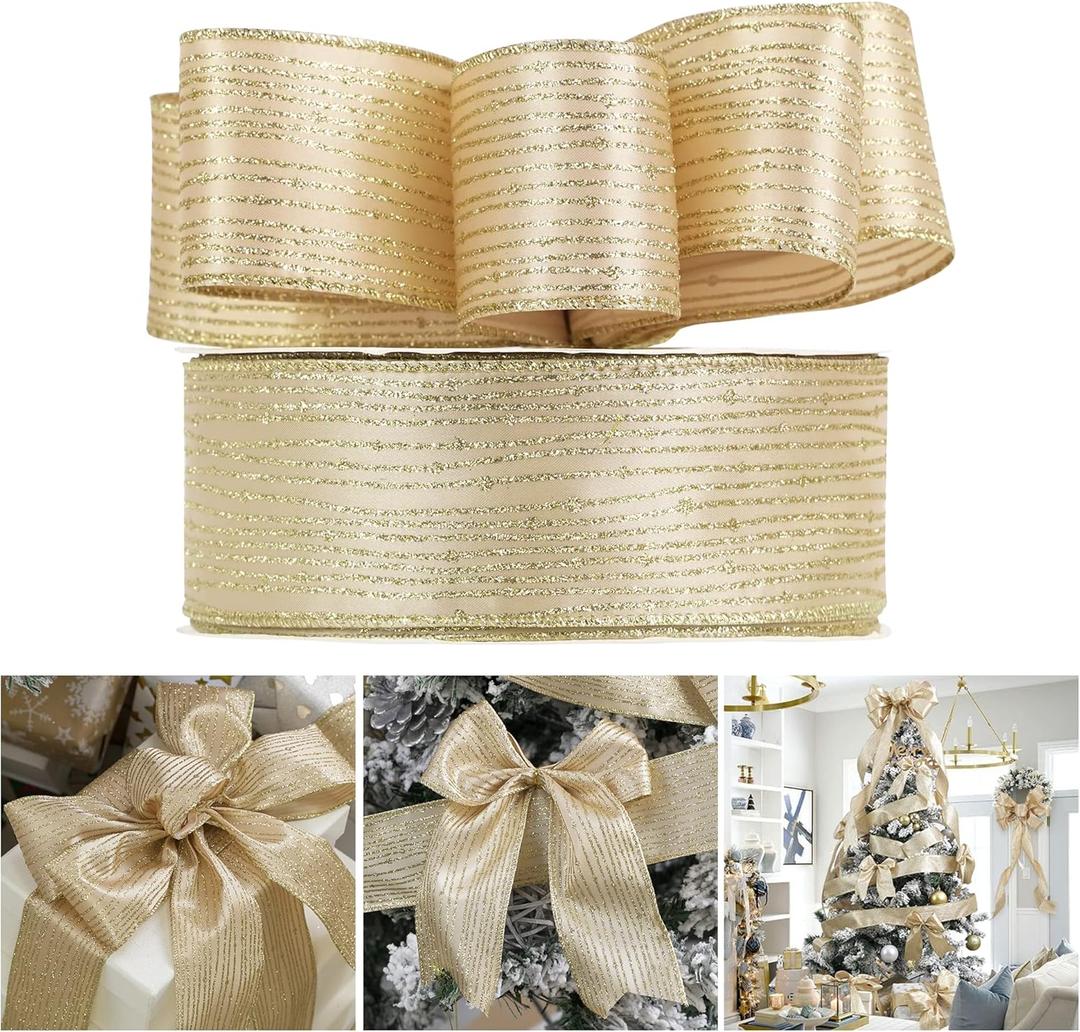 AIMUDI Gold Christmas Ribbon 2.5" Champagne Wired Ribbon Christmas Ribbon Wired Gold Glitter Ribbon for Christmas Tree Wreaths Gift Wrapping Tree Topper Bows Wedding Holiday Home Decor - 50 Yards