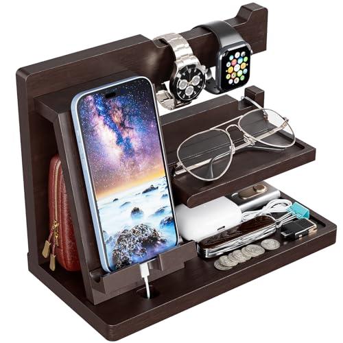 Yirilan Wood Phone Docking Station, Nightstand Organizer for Father Man, Birthday Gifts for Men/Dad/Boyfriend/Grandpa, Anniversary, Christmas, Graduation Travel Idea Gadgets-Brown