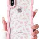 NITITOP Compatible for iPhone Xs Max Case Cute Clear Flower Floral Leave Curly Pink Wave Frame Shape Wavy Shockproof Soft TPU 2 in 1 Protective Phone Cover for Women Girl - Pink