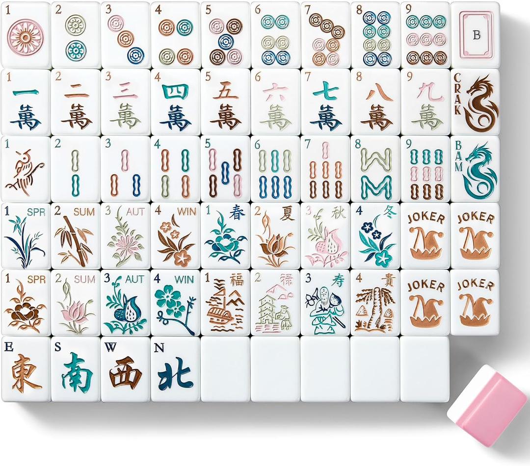 Soulchen 1.2 Inch Engraved American Mahjong Tile Set, 168 Mahjong Tiles with Bag, Portable Canvas Tote Bag & 4 Dice Beginners & Enthusiasts Adult Game Collection Gift(Pink)