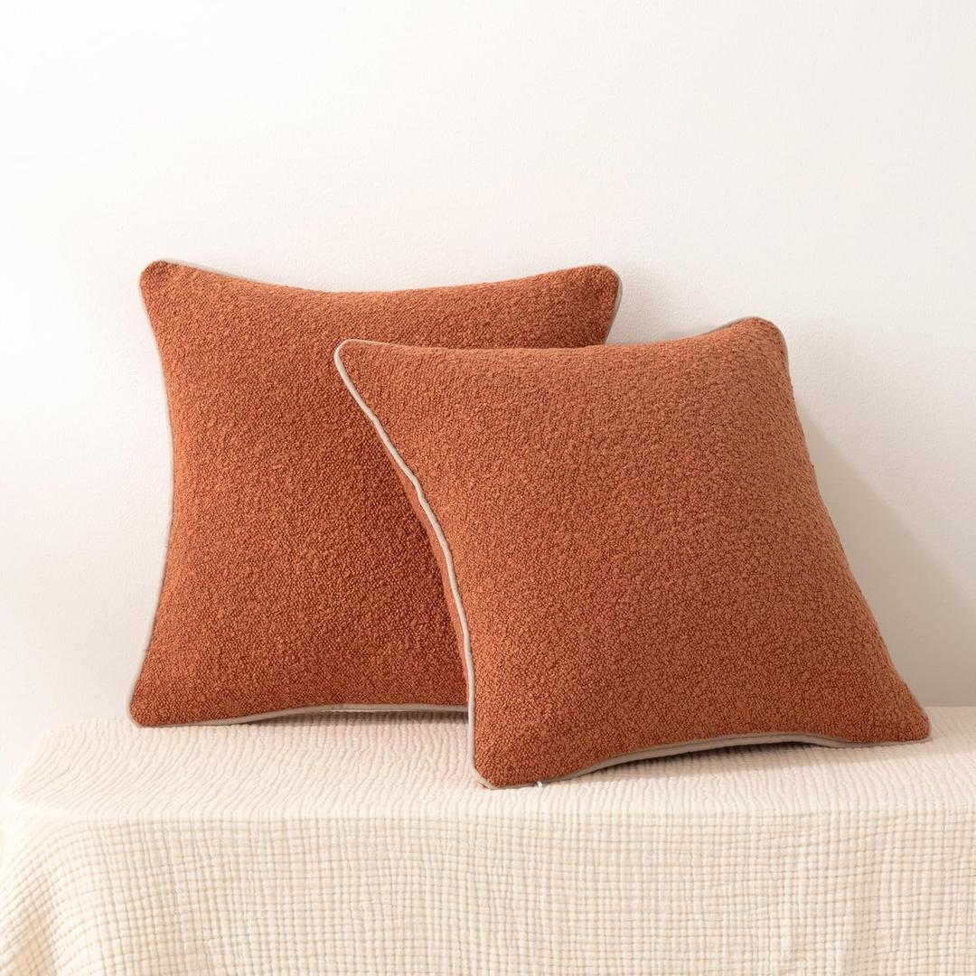 Boucle Throw Pillow Covers for Couch, Living Room, Orange Home Decor with Hidden Zipper, Brown, 18×18in, Pack of 2