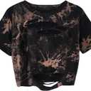 Hilinker Women Tie Dye Crop Tops Distressed Ripped Short Sleeve Casual Summer Tee Shirts Black Brown Tie Dye Medium (Brown, M)