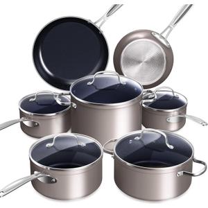 Nuwave Healthy Duralon Blue Ceramic Nonstick Cookware Set, Diamond Infused Scratch-Resistant, PFAS Free, Dishwasher & Oven Safe, Induction Ready & Evenly Heats, Tempered Glass Lids & Stay-Cool Handles (Clay)