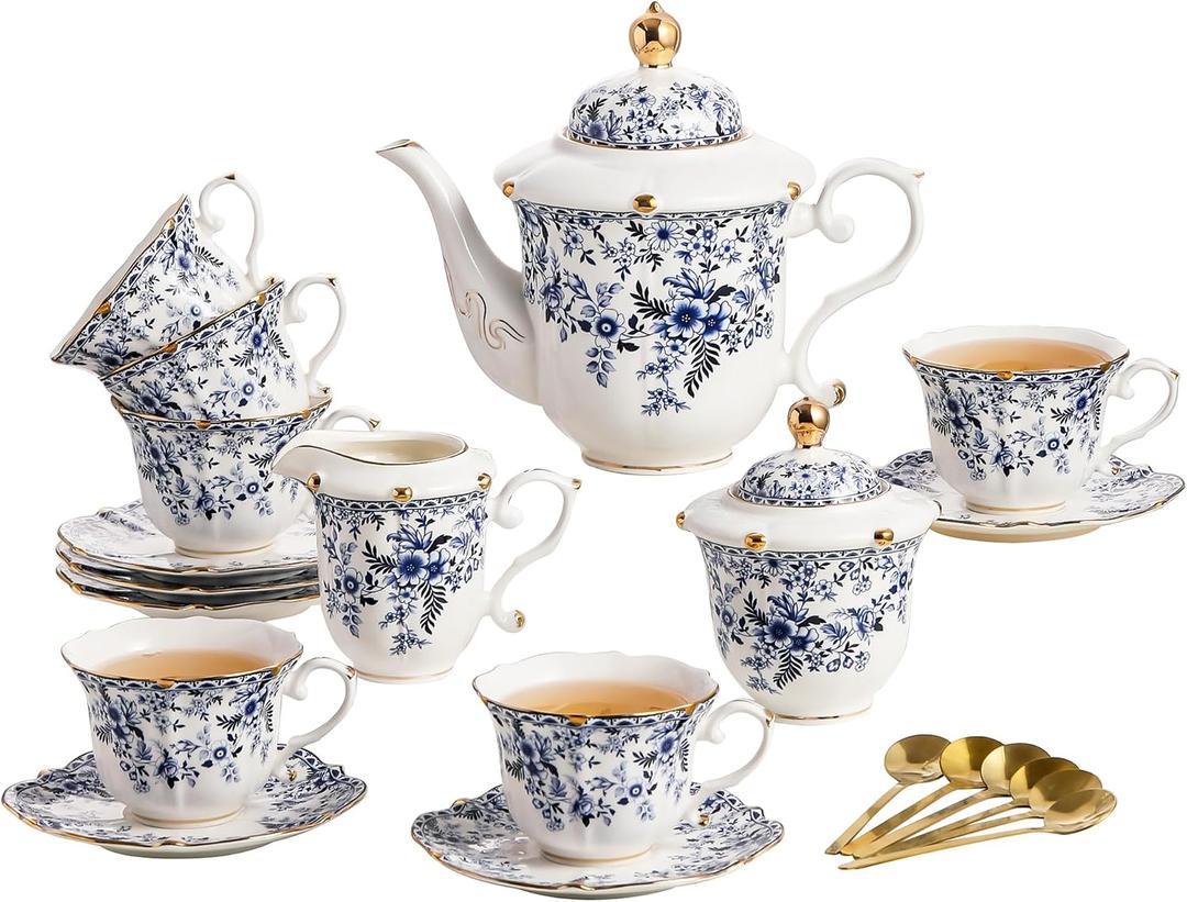 TATSUMI Country Roses Porcelain Tea Set, European Ceramic tea set for adults,Vintage Style, For Women and Tea Parties (BLUE, 21 Pieces Set)
