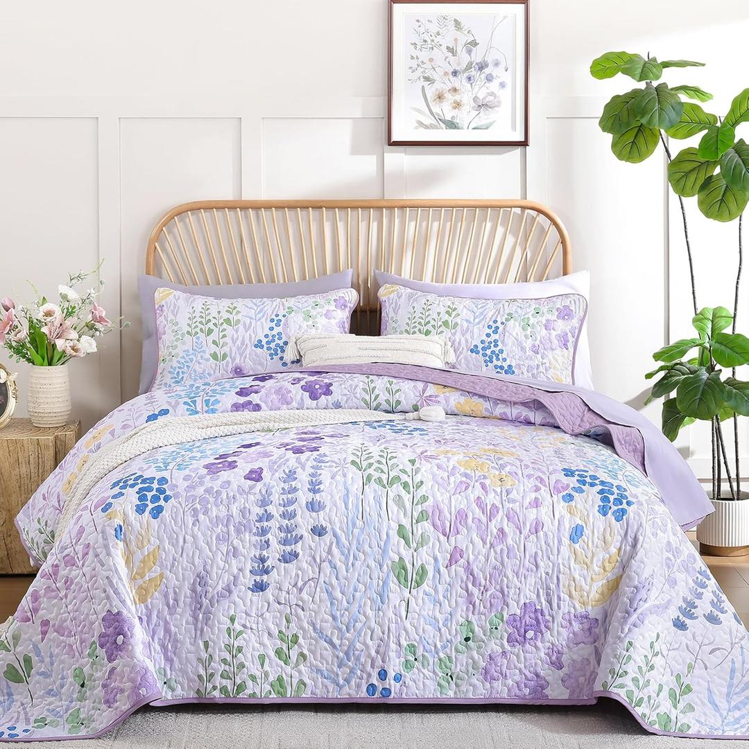 Xruibed Quilt Set Queen Size 3 Pieces Purple Floral Quilt Sets Reversible Bedspreads Bedding Set Soft and Cozy Microfiber Lightweight Quilt Flower Plant Bed Coverlet Sets for All Season(Queen 96"x90")