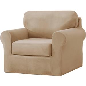 vctops 3 Pieces Velvet Stretch Armchair Sofa Cover for 1 Seater Couch Soft Washable Sofa Slipcover with Individual Backrest and Cushion Cover for Kids Cats Dogs (Light Coffee,1 Seat)