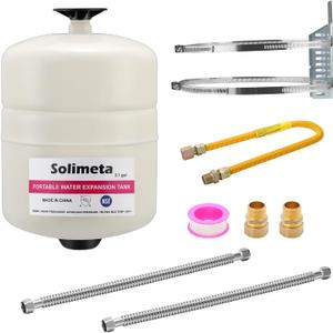 Solimeta 2.1 Gallon Potable Water Expansion Tank with Adjustable Wall Bracket & Gas Water Heater Installation Kit (24" Stainless Steel Hoses 3/4" FIP + 24" Gas Connector)