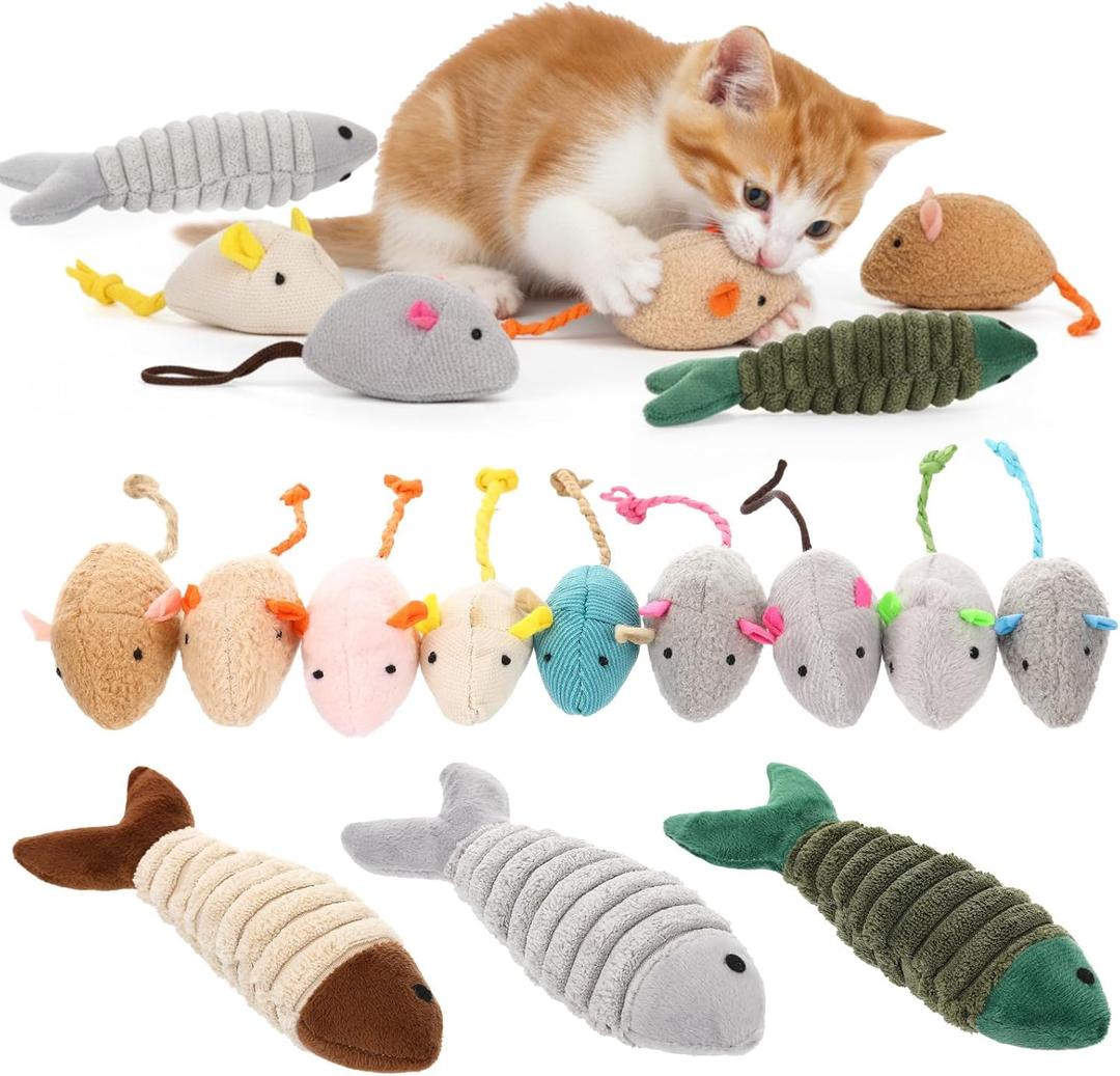 Leitee 12 Pack Cat Toys Bulk Plush Cat Mice Fish Toys Set Mouse Dog Toy for Indoor Kittens Puppies to Eliminate Boredom, Multicolored, Not Filled Catnip(Plush Fish)