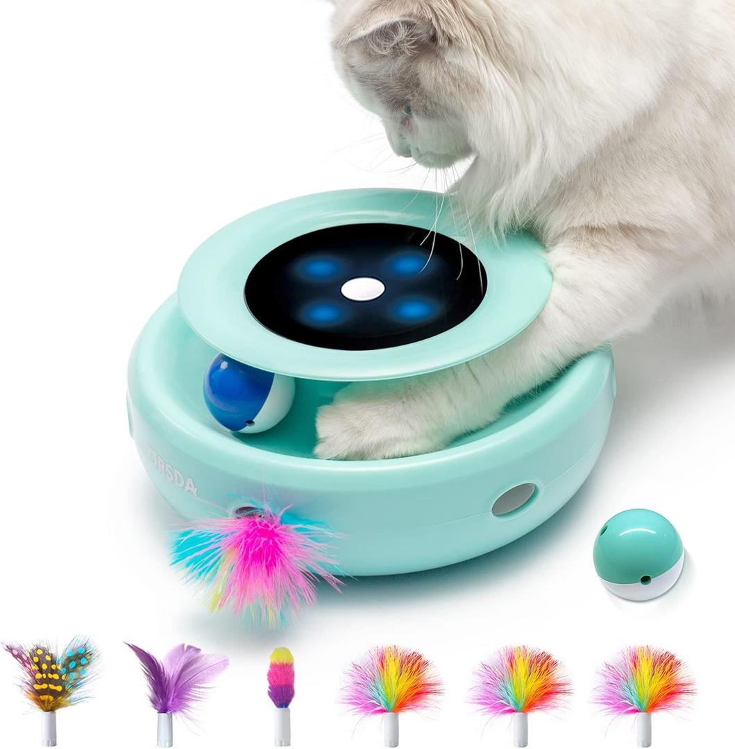 ORSDA Cat Toys 2-in-1 Interactive Cat Toys for Indoor Cats, Automatic Cat Toy Balls, Mice Toys Ambush Feather Kitten Toys with 7pcs Attachments, Dual Power Supplies, Adjustable Speed, Auto On/Off (Robin egg blue)