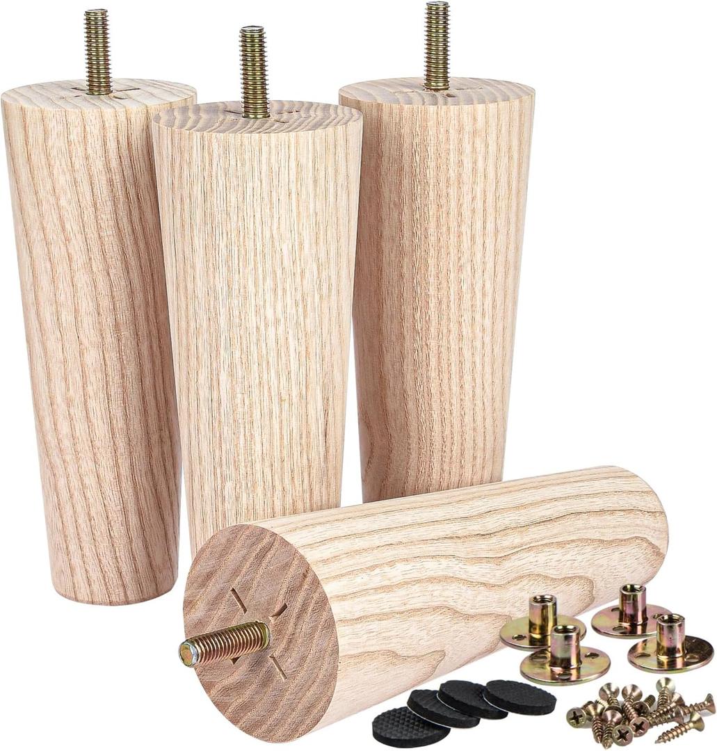 8 inch Unfinished Ash Wood Furniture Legs, LAVANE Set of 4 MidCentury Modern Tapered Wooden Replacement Feet with PreDrilled 5/16 Inch Bolt & Mounting Plates for Sofa Couch Bed Armchair Ottoman