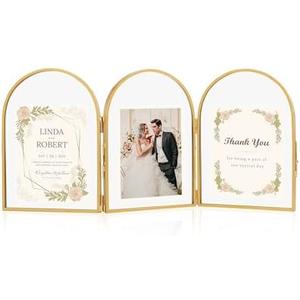 Jajamy 5x7 Triple Picture Frames, Arched Folding Hinged Brass Picture Frames for Three photos, Glass Floating Frame for Artwork Tabletop Display(5x7 Vertical)