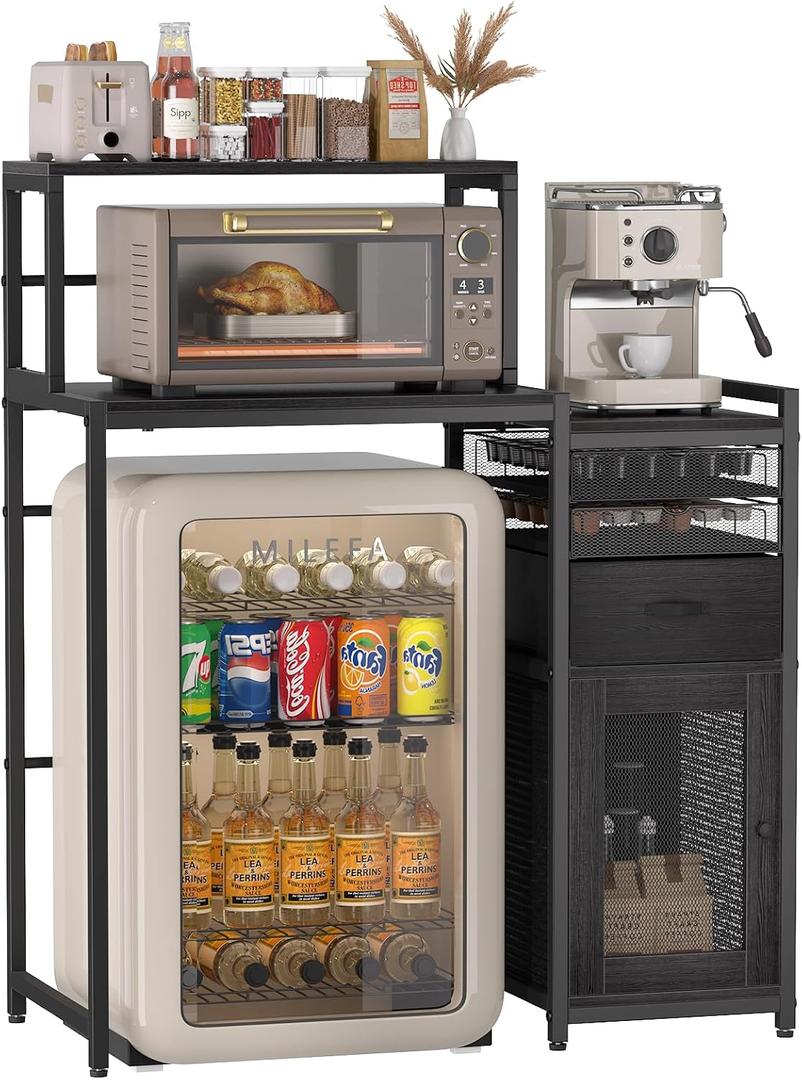 Coffee Bar Cabinet for Home, Spacious Coffee Stand Station with Pod Drawer Holder, Bakers Rack with Storage, Perfect for Kitchen Corner Living Room, Black