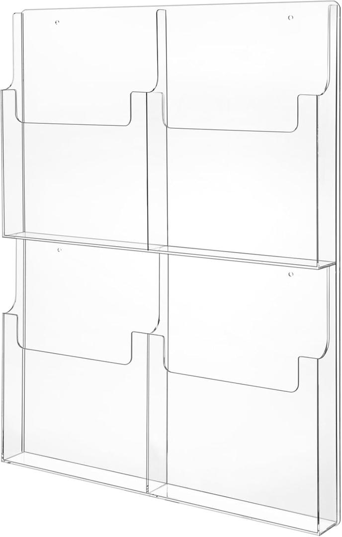 Barydat 4 Pocket Acrylic Brochure Holder Wall Mount Clear Pamphlet Holder Plastic Trifold Multi Slot Flyer Rack Magazine Display Stand Wall Hanging Organizer 11.8 x 8.78 Inch for Office Menu Advertise