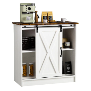 White Coffee Bar Cabinet with Storage, Farmhouse Coffee Bar Cabinet Table with Sliding Barn Door, Adjustable Shelves, for Kitchen, Dining Room, Living Room