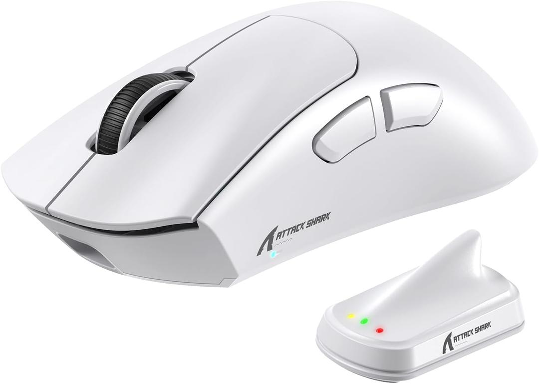 MAMBASNAKE ATTACKSHARK V8 Wireless Ultralight Gaming Mouse with 8K Polling,42000 DPI,Nordic 54L15 MCU Chip,PixArt 3950 Max Sensor-Wired/BT/2.4Ghz,400Hrs Long Battery,Programmable for PC Mac FPS(White)