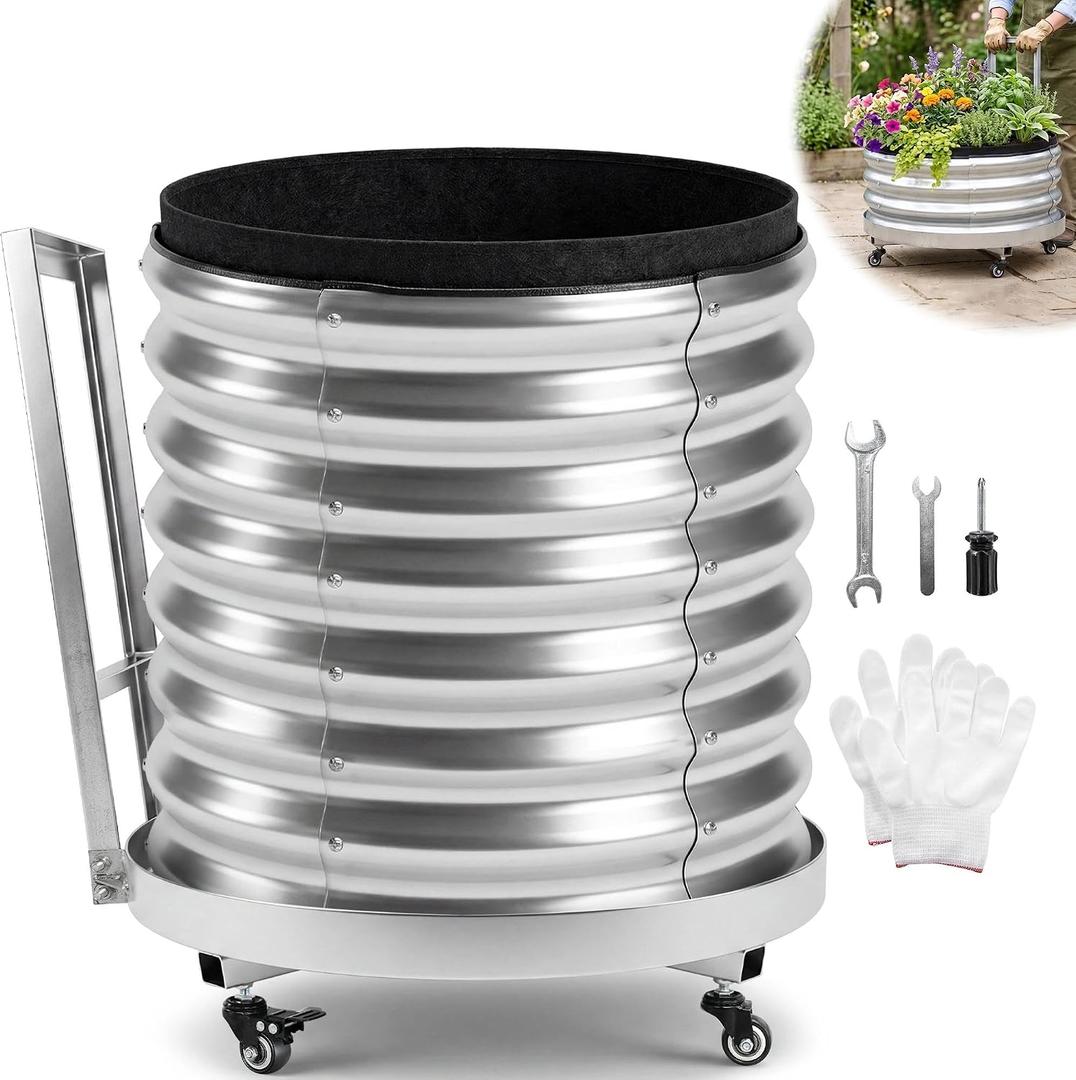 Large Rolling Garden Planter Box with Geotextile Grow Bag & Plastic Tray Pad, Galvanized Metal Raised Garden Bed Outdoor with Wheels for Flowers Tomatoes Vegetables Olive Trees, 2x2 ft