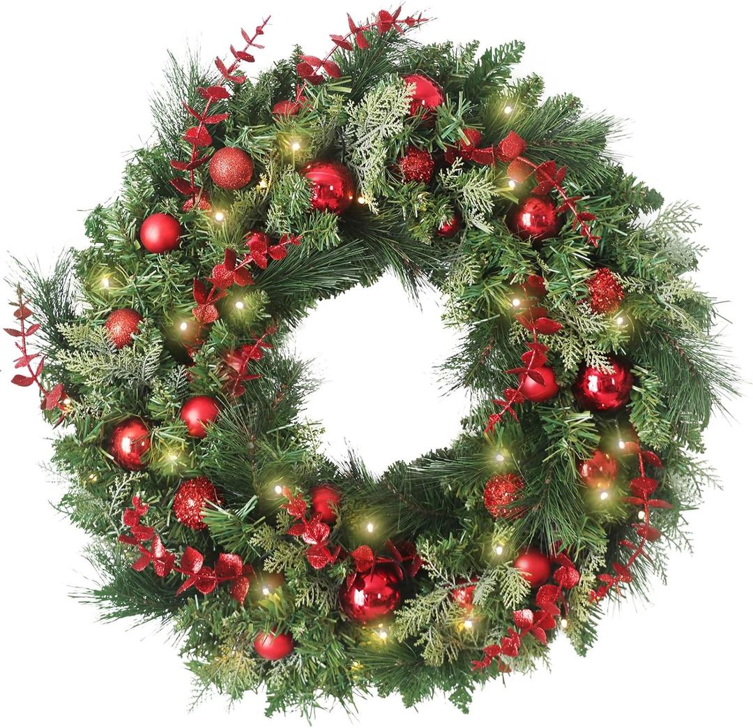 24 Inch Christmas Wreaths, Christmas Wreaths for Front Door with Balls Ornaments, Eucalyptus and Battery Operated LED Lights, Large Artificial Xmas Wreath with Timer for Outdoor Holiday Decor