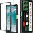 for Motorola Moto G Stylus 5G 2025 Phone Case with Tempered Glass Screen Protector Dual Layer Heavy Duty Shockproof Soft TPU Hard PC Protective Cover Case for Woemn Men, Retro Audio Cassette