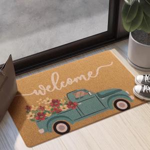Carvapet Artificial Coir Doormat with Non-Slip Backing for Indoor and Outdoor 17 x 30 inch Front Door Welcome Mat Spring Summer Seasonal Doormat, Welcome Truck of Flower