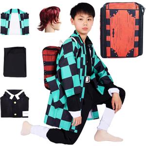 Full Set Kids Anime Cosplay Costume Halloween Kimono Uniform Outfit With Backpack Bag Earrings Wig (1603XL))
