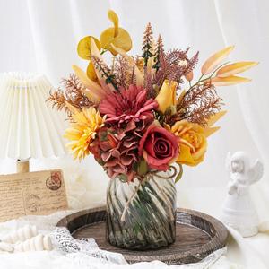 Fake Flowers Artificial Flowers with Vase, Faux Silk Flowers Fake Plants for Farmhouse Kitchen Dining Table Decorations, Fall Decorations for Home Office (Dark Red)
