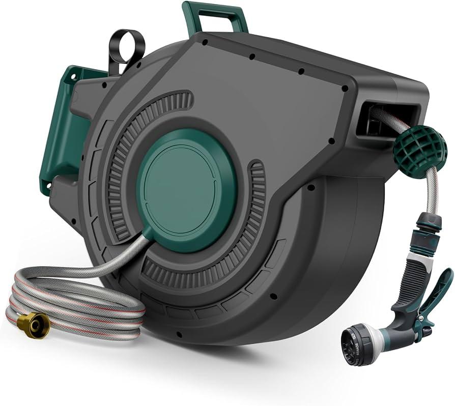 Retractable Garden Hose Reel 1/2 inch x 100 ft, Automatic Slow Rewind System | Heavy Duty Automatic Garden Hose Reels with Kink-Free Rewind and Lock at Any Length, Wall Mount Water Hose Reel for Outside