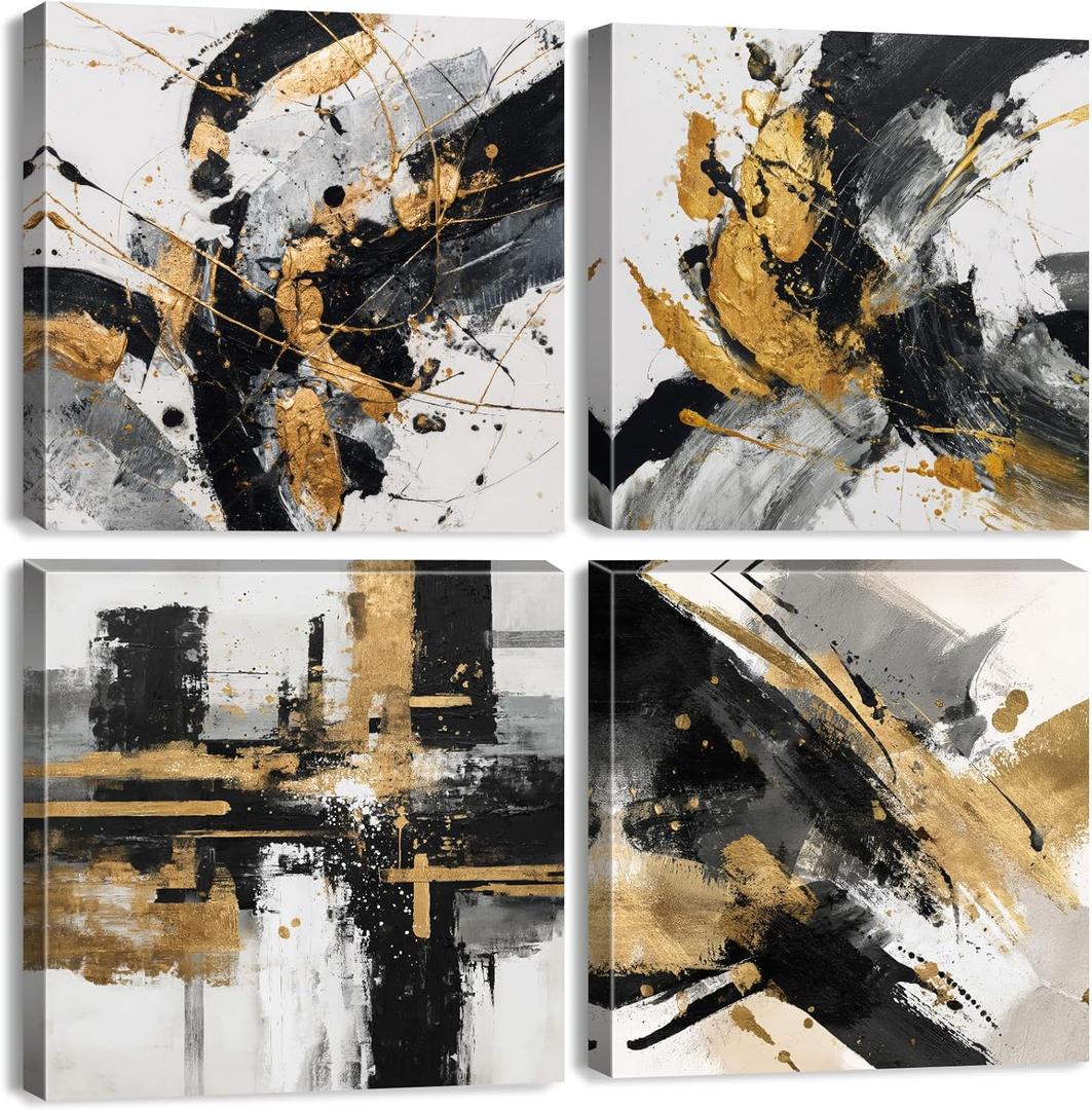 Black and Gold Abstract Wall Art Marble Pictures Wall Decor for Bathroom Living Room Black and White Gold Foil Ink Prints Paintings Modern Textures Posters Neutral Artwork Home Decorations 12x12 4Pcs