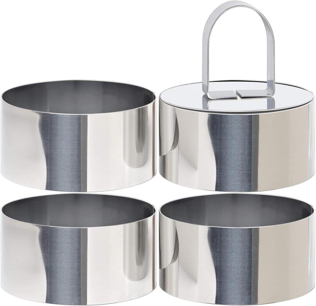 HULISEN Round Cake Ring Mold, Stainless Steel 3 Cooking Crumpet Rings with 1 Pusher & 4 Food Form, Tuna Tartare Mold for Pancake, Salad, Mousse