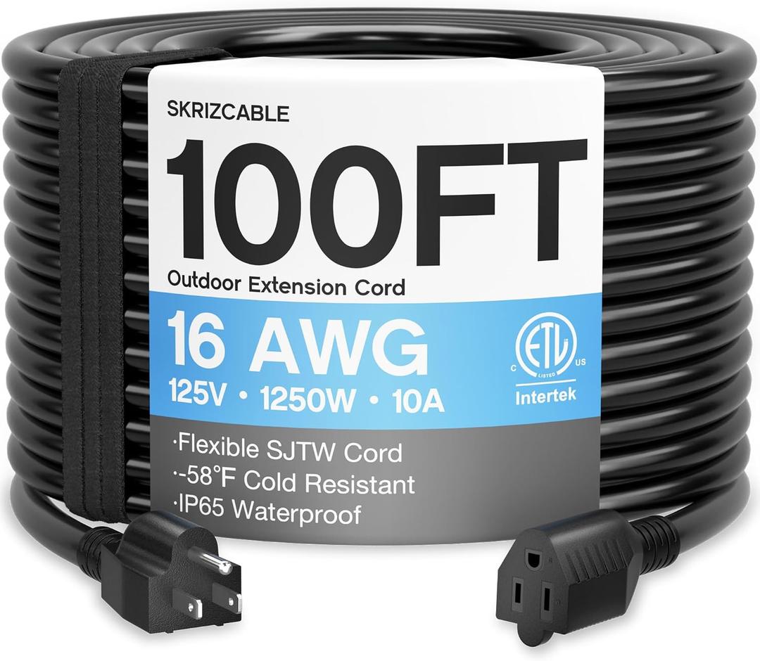 16/3 100 Ft Outdoor Extension Cord Waterproof, Weatherproof & Flame Retardant Black 3 Prong Power Cord Outside for Lawn & Garden, 16AWG 10A 1250W 125V SJTW ETL Listed