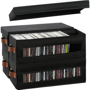 4 Packs CD Storage Box with Visible Window, Stackable CD Case Holder with Dustproof Lid and Handles, Holds Up to 148 CDs in Full Jewel Cases-15.75 x 6.10 x 5.31 Inches-Black
