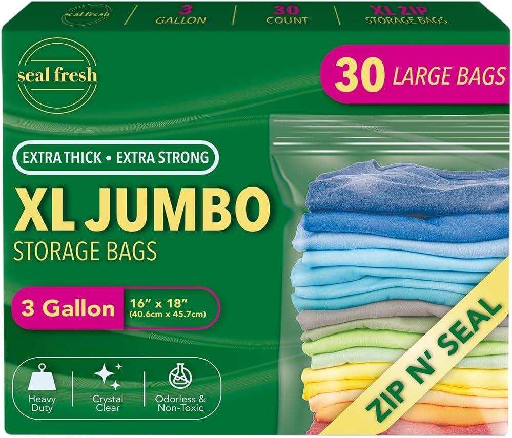 3 Gallon Large Plastic Storage Bags  16" x 18" (30 Count)  Reusuable XXL Extra Large Heavy Duty Clear Jumbo Freezer Zip Bags with Sealable Zipper Top For Clothes, Travel, Moving
