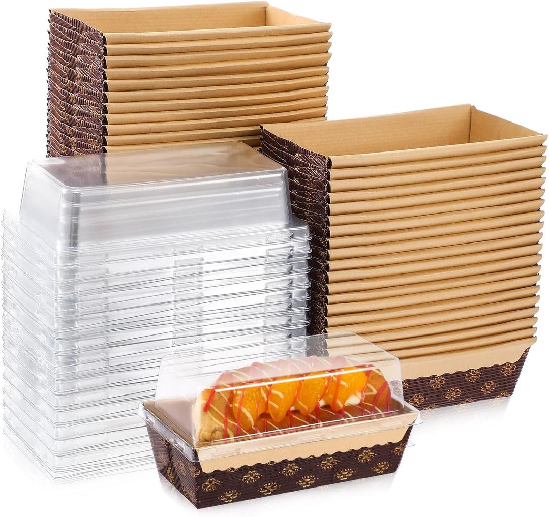 Sabary 50 Pcs Paper Baking Loaf Pan with Lids Disposable Paper Pans Mold for Christmas Winter Birthday Cake Bread Bakery Holiday Gifts(5.91 x 2.48 x 1.94 Inches)