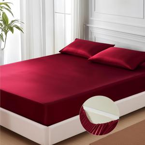 MR&HM Satin Fitted Sheet Full Size, Silky Bottom Sheet with Elastic Corner Straps, Deep Pocket up to 15 Inch, No More Slipping Off for Mattress - 1 Fitted Sheet Only (Burgundy)