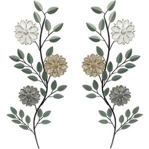 MorningRo 2 Pcs Metal Flower Leaves Wall Art Spring Wall Decor Living Room, 15.75 Inch Vintage Rustic Branch Leaf Wrought Iron Scroll Art Decor for Spring Bedroom Indoor Outdoor Decorations(Green)