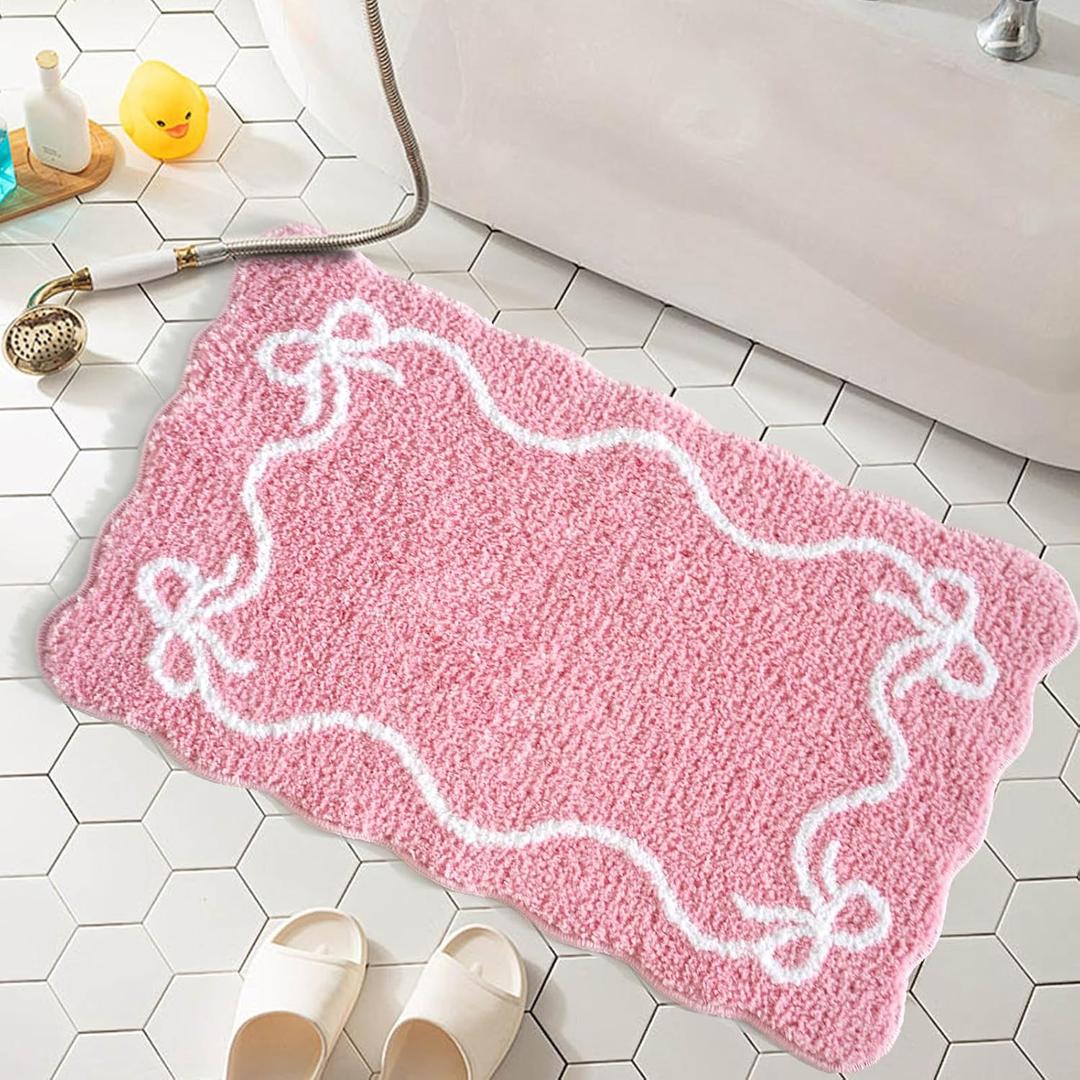 Mocsicka Pink Bow Bath Mat Cute Bow Bathroom Rug Super Soft Absorbent Bathroom Rugs Non Slip Bath Mat Machine Washable Rug for Bathrooms 20x32 inches (Pink, 50x80cm)