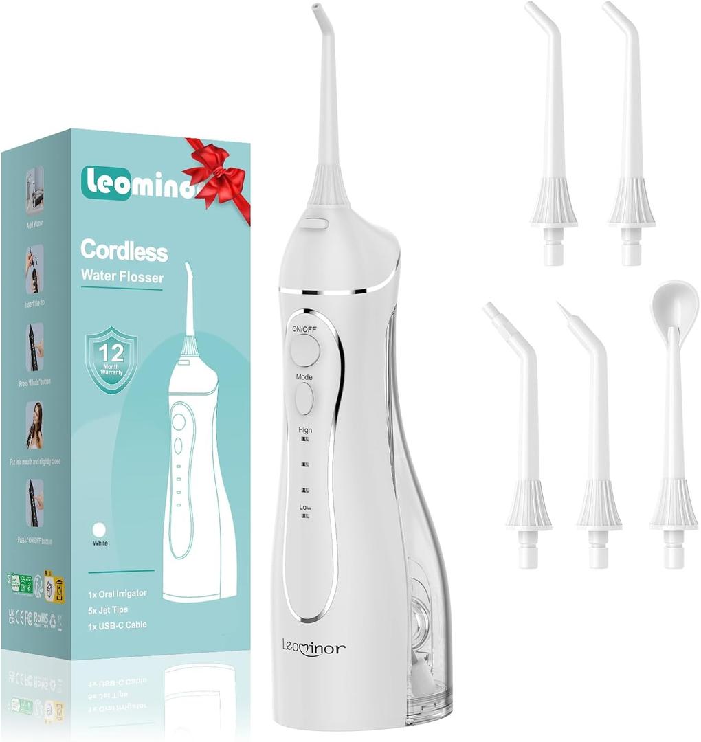Leominor Water Dental Flosser Pick for Teeth, 200ML Portable Oral Irrigator Upgraded Tank Removable,IPX7 Waterproof, Rechargeable Travel Teeth Cleaner, Professional Electric Flossing Machine(White)