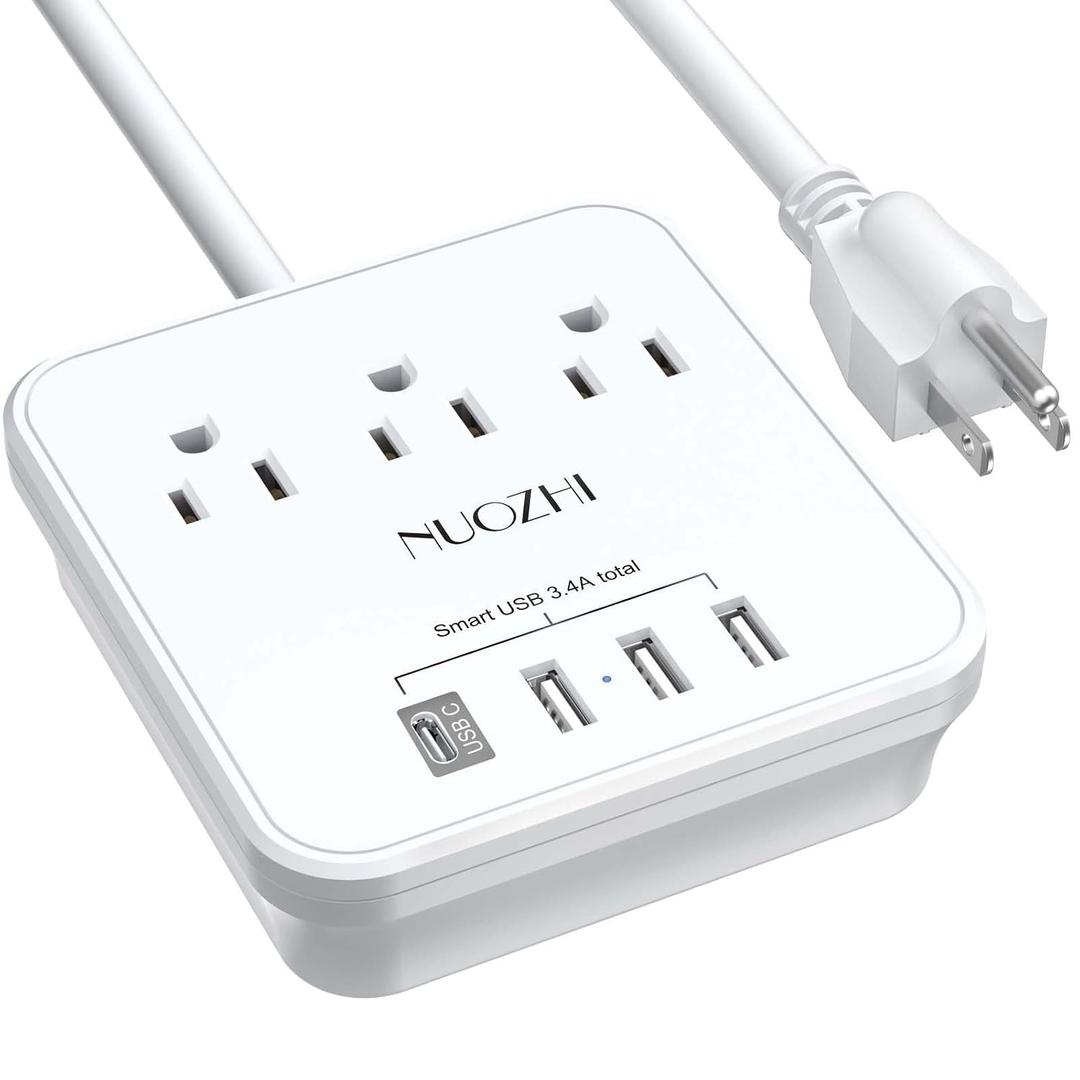 Power Strip, 6 Ft Extension Cord with 3 Outlets and 4 USB Ports(1 USB C), Non Surge Protector for Cruise Ship, Travel, Home Office, ETL Listed, White