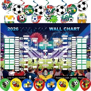 3 x World Football Tournament Cup 48x32 Inch 2026 Vibrant Soccer Festival Schedule Poster with String Flag Banner and Balloon Set for Party Decorations, Home, Office & Bar Decor
