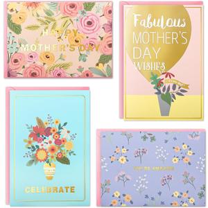 EACYART Mothers Day Cards Assortment, 20 Pack Mothers Day Cards Boxed with Envelopes & Stickers, Bulk Cute Gold Foil Card for Mom, Mothers Day Gifts