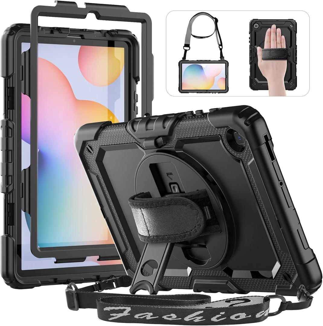 HXCASEAC Case for Samsung Galaxy Tab S6 Lite 10.4 Inch, Protective With Screen Protector, Hand Strap, S Pen Holder, Shockproof Tablet Case 2024/2022/2020 - Black (10.4 inch-Tab S6 Lite, Black/Black)