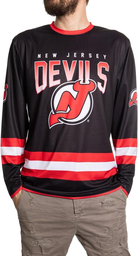 NHL Men's Game Day Long-Sleeve Performance Loose Fit Rash Guard (Large, New Jersey Devils)