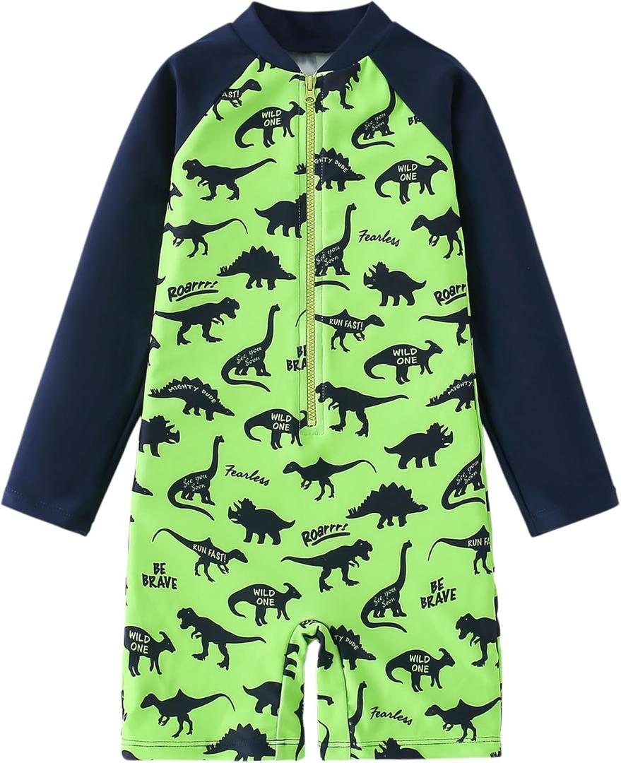 AIWUHE Boys one piece Swimsuit Zipper Rash Guard Kids Long Sleeve Bathing Suits UPF 50+ Sun Protection Swimwear, Green Dinosaur (4T-5T)
