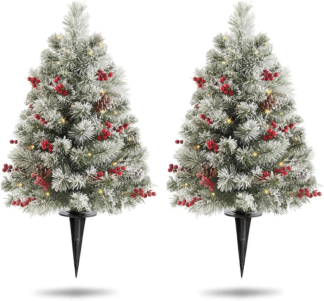 2 Pack Outdoor Christmas Tree 24 INCH, Flocked Christmas Tree with 50 LED Lights, Prelit Small Xmas Tree with Berries and Pine Cones, Pre-Decorated Snowy Xmas Tree for Pathway, Porch 1ft 6in, Snow 
