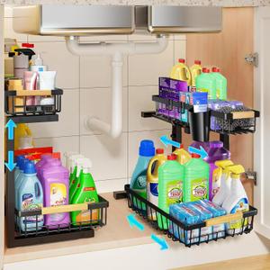 2 Packs 2 Tier Under Sink Organizers and Storage with 4 Hanging Cups and 12 Hooks  Upgraded 3.0 Version, Sliding Pull Out Cabinet Storage Shelf, Metal Drawer for Kitchen, Bathroom, Pantry, Black