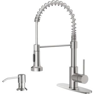 OWOFAN Kitchen Sink Faucet with Soap Dispenser, Kitchen Faucet with Pull Down Sprayer Stainless Steel Single Handle High Arc Pull Out Brushed Nickel Faucet for Bar Laundry RV Utility Sink