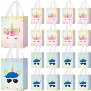 Locmeo 24 Pcs Unicorn Party Favor Bags with Handles - Reusable Non Woven Goodie Bags in Pink & Blue - Candy Treat Gift Bags for Girl & Boy Birthday Parties, 8 x 4 x 10 Inch