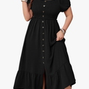 SCOMCHIC Womens Plus Size Summer Dresses Short Sleeve Square Neck Button Down Smocked Casual Ruffle Slit Maxi Boho Dress Size L