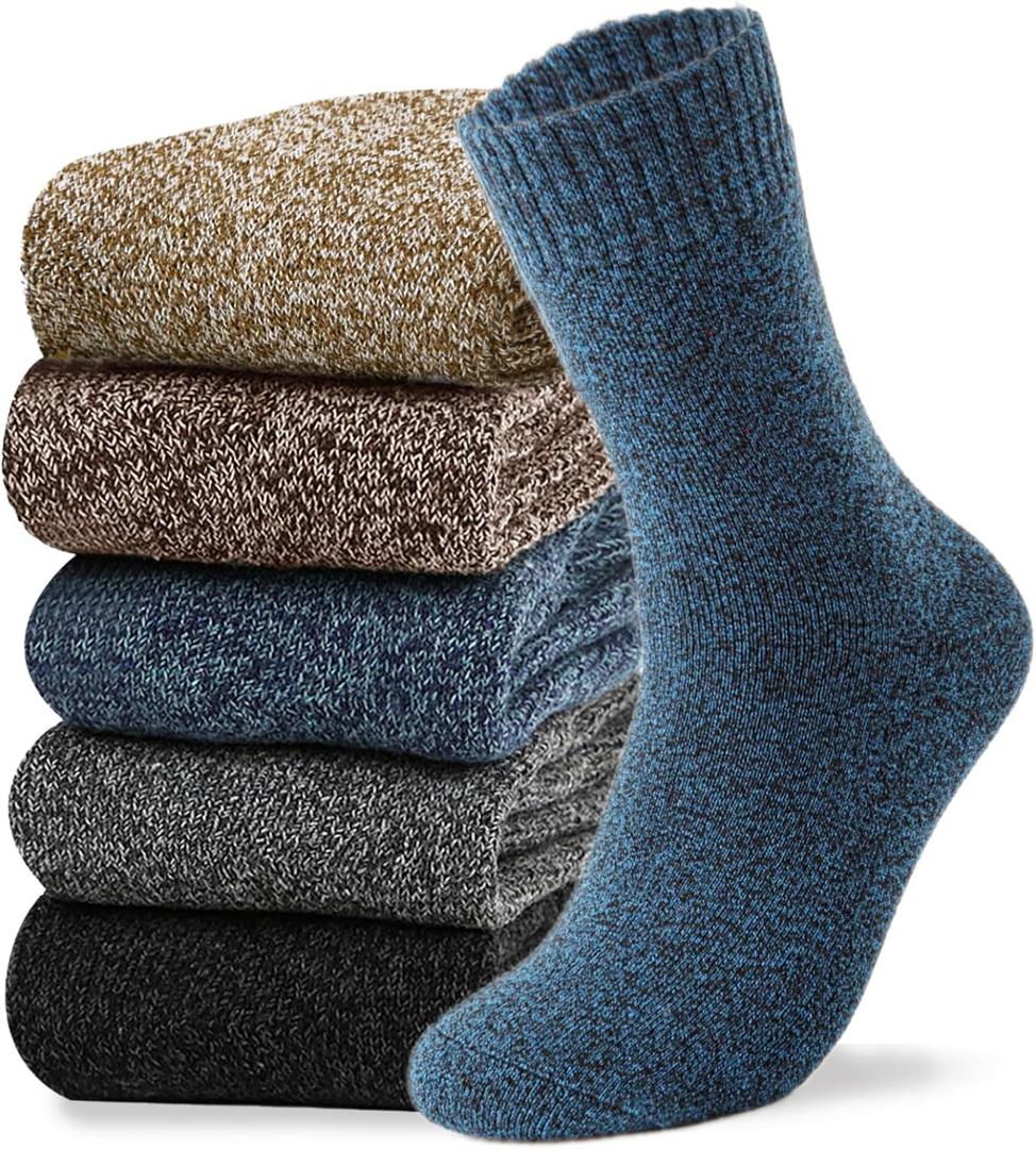 Josnown 5 Pairs Wool Socks Mens, Thick Warm Winter Thermal Cozy Boot Socks (A-black/Gray/Blue/Brown/Camel)